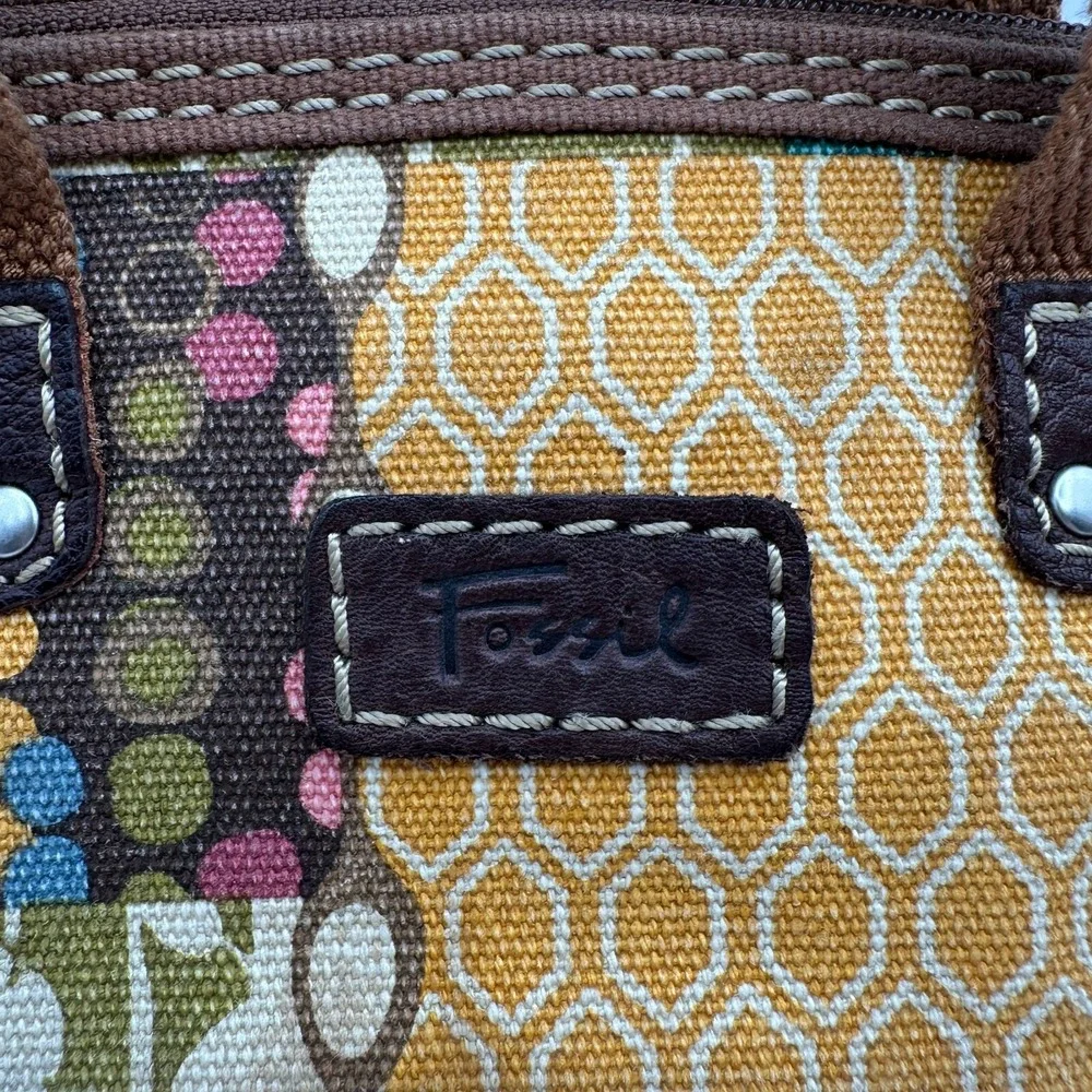Vintage Fossil Top Handle Bag Yellow Brown Patchwork Print‎ Floral Canvas Boho